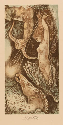 Exlibris by Bohumil Kratky from Czech Republic for Lieve Sacré - Drama Horse Woman Man 