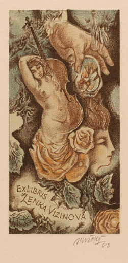 Exlibris by Bohumil Kratky from Czech Republic for Zenka Vizinova - Woman Music Nude 