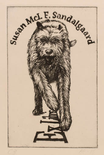 Exlibris by Anne Fjeldvig from Denmark for Susan Mcl. F. Sandalgaard - Dog 