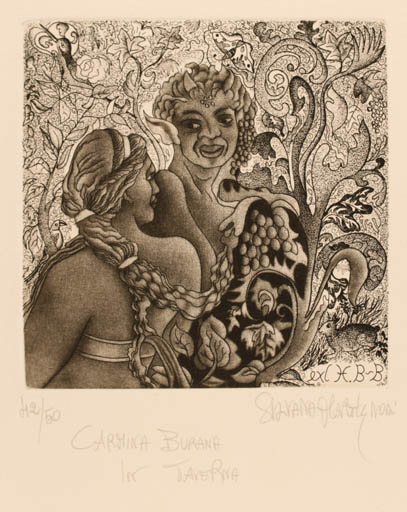 Exlibris by Sylvana Martiqnoni from Italy for Helga  Becker-Bickerich - Devil Woman Man Wine 