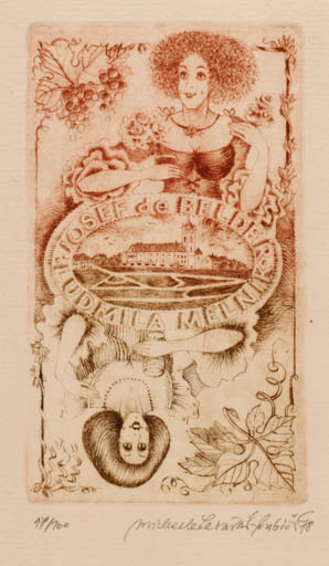 Exlibris by Michaela Lesarova-Roubickova from Czech Republic for Josef - Melnik, Udmila De Belder - Woman Wine 