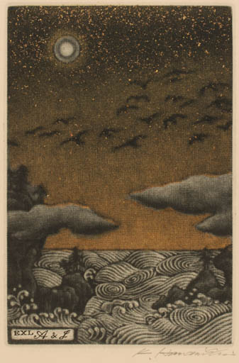 Exlibris by Katsunori Hamaniski from Japan for ? Agaath & Jos Van Waterschoot - Bird Maritime Music 