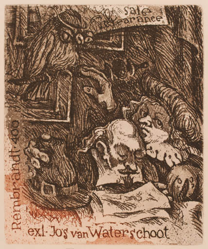 Exlibris by Sergey Parfionov from Russia for Jos van Waterschoot - Art Man Text/Writing Owl 