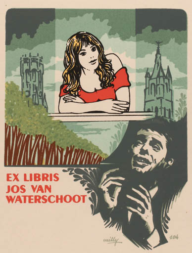 Exlibris by Willy Braspennincx from Belgium for Jos van Waterschoot - Castle/Palace Church Woman Man Portrait 