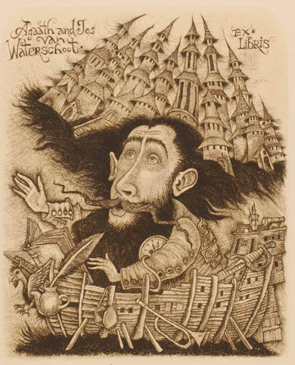 Exlibris by Sergej Hrapov from Ukraine for ? Agaath & Jos Van Waterschoot - Book Castle/Palace City Fairytale/fable Bird Man Portrait Ship/Boat 