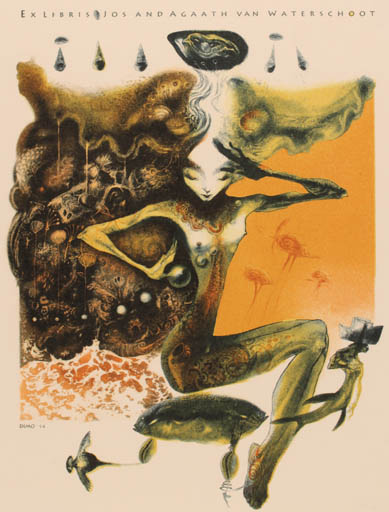 Exlibris by Dimo Milanov from Bulgaria for ? Agaath & Jos Van Waterschoot - Fauna Fish Woman Mythology Nude 