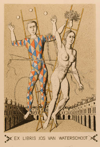 Exlibris by Valeri Mishin from Unknown for Jos van Waterschoot - Flower City Woman Man Nude Couple Theater/Cirkus 