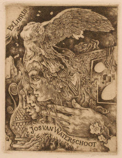 Exlibris by Bohumil Kratky from Unknown for Jos van Waterschoot - Angel Hand(s) Woman Man Surrealism 