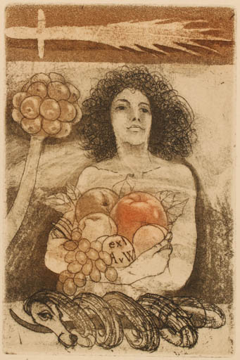 Exlibris by Eva Haskova from Czech Republic for Agaath Van Waterschoot - Adam and Eve Fruit Woman Nude Religion 