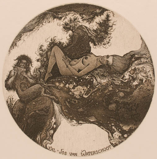 Exlibris by Vasyl Fenchak from Ukraine for Jos van Waterschoot - Flora Woman Nude Pan/Faun 