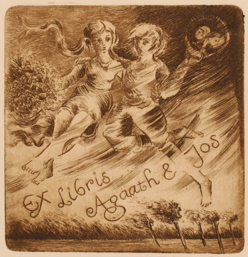 Exlibris by M. Jepkes from Netherland for ? Agaath & Jos Van Waterschoot - Flower Woman Man Couple Tree 