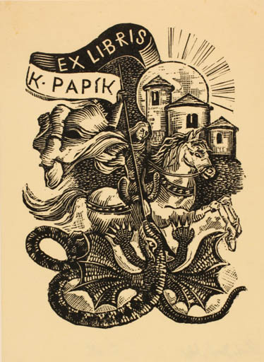Exlibris by Josef Zicha from Czech Republic for K. Papik - Architecture Castle/Palace Religion Knight Sct.G. and the Dragon 