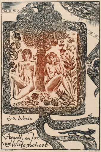 Exlibris by Victor Schapiel from Austria for ? Agaath & Jos Van Waterschoot - Adam and Eve Flower Fish Flora Fruit Bird Hand(s) Cat Woman Man Nude Couple Religion 