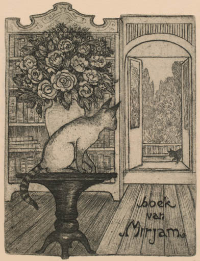 Exlibris by Ank Spronk from Netherland for ? Mirjam. - Flower Book Cat Tree 