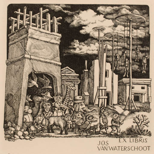 Exlibris by Lou Strik from Netherland for Jos van Waterschoot - Drama Fairytale/fable Bird Theater/Cirkus 