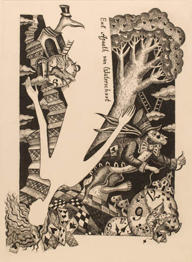 Exlibris by Maria Kolyshkina from Russia for Agaath Van Waterschoot - Fairytale/fable Fable Animal Woman Tree 