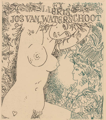 Exlibris by Evald Okas from Estonia for Jos van Waterschoot - Woman Nude 