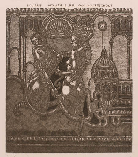 Exlibris by Gleb Sidorenko from Belorussia for ? Agaath & Jos Van Waterschoot - Adam and Eve Fruit Woman Man Couple Religion 