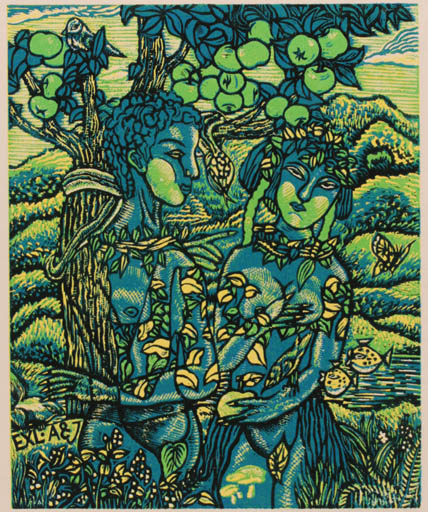 Exlibris by Hao Chen from China for ? Agaath & Jos Van Waterschoot - Adam and Eve Fish Fruit Woman Man Nude Couple Butterfly Tree 