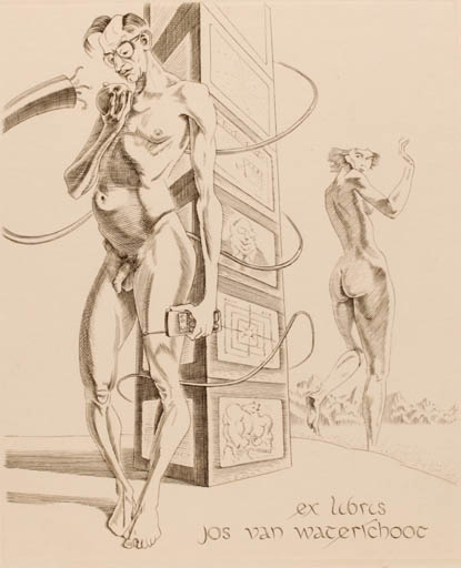 Exlibris by Jürgen Czaschka from Germany for Jos van Waterschoot - Adam and Eve Fruit Woman Man Nude Religion 