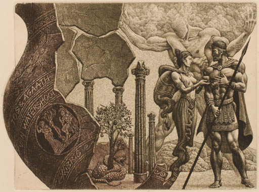 Exlibris by Julian Jordanov from Bulgaria for ? Agaath & Jos Van Waterschoot - Architecture Fruit Woman Man Mythology Nude Ornament Couple Religion Tree Weapon 