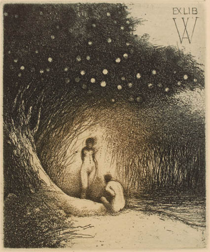 Exlibris by James Janicek from Czech Republic for Agaath Van Waterschoot - Adam and Eve Woman Man Nude Tree 