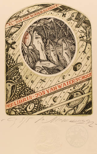 Exlibris by Yuri Liukshin from Russia for Jos van Waterschoot - Bird Woman 