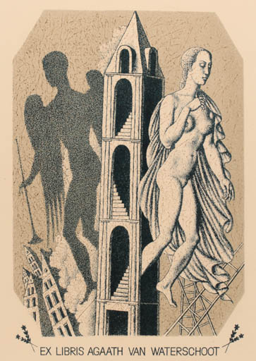 Exlibris by Valeri Mishin from Russia for Agaath Van Waterschoot - Architecture Angel Woman Nude 