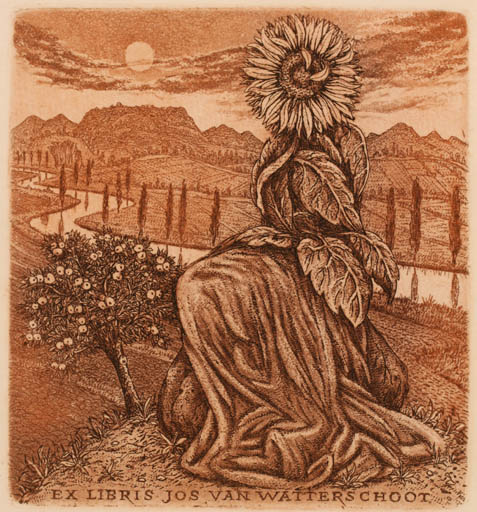 Exlibris by Herbert Kisza from Czech Republic for Jos van Waterschoot - Fruit Woman Scenery/Landscape Sun Surrealism Tree 