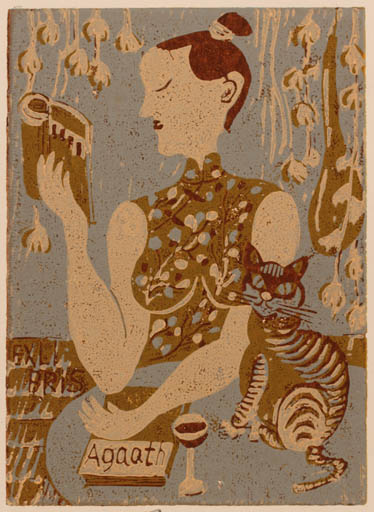 Exlibris by ? Jiang Cai Xia from Unknown for Agaath Van Waterschoot - Flower Book Cat Woman Wine 