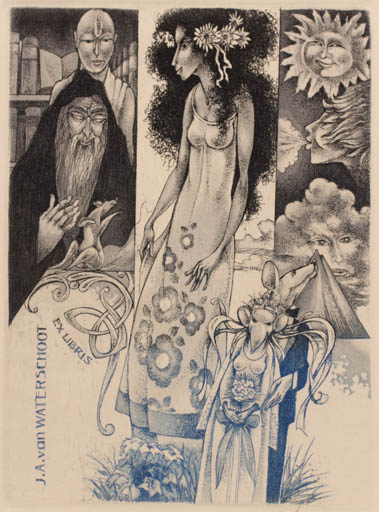 Exlibris by Hedvig Pauwels from Belgium for ? Agaath & Jos Van Waterschoot - Flower Fauna Flora Woman Man Mythology Sun 