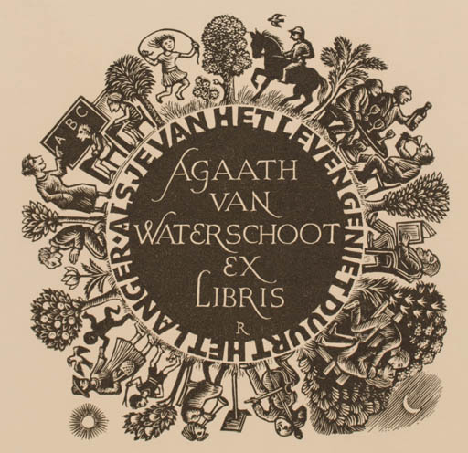 Exlibris by Pam Georg Rueter from Netherland for Agaath Van Waterschoot - Flower Group Horse Music Sun Tree Wine 