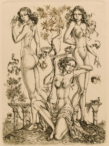 Exlibris by Vera Stanishevski from Estonia for Jos van Waterschoot - Fauna Fruit Group Woman Nude Tree 