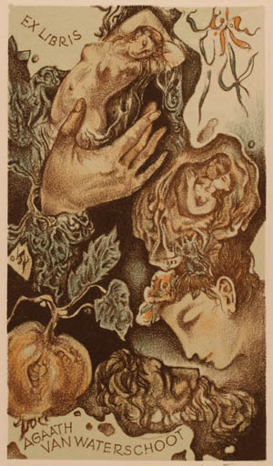 Exlibris by Bohumil Kratky from Czech Republic for Agaath Van Waterschoot - Flora Hand(s) Woman Man Nude Couple 