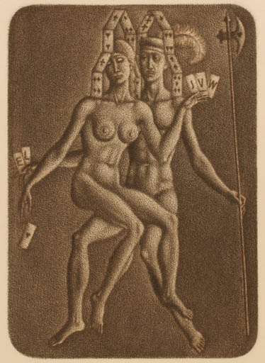 Exlibris by Valeri Mishin from Russia for Jos van Waterschoot - Woman Man Nude Couple Weapon 