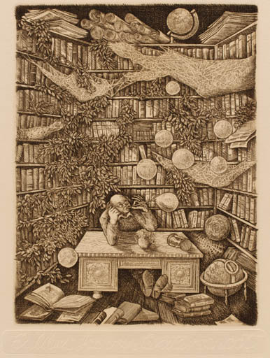 Exlibris by Henryk Feilhauer from Poland for Jos van Waterschoot - Book Fauna Flora Globe Man 