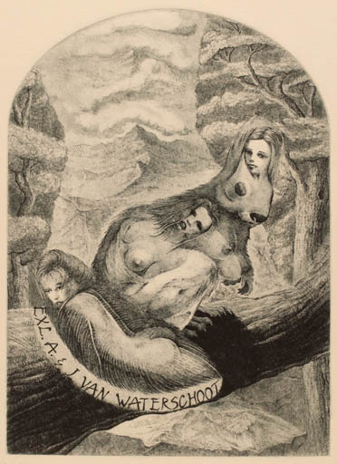 Exlibris by Peter Velkov from Bulgaria for ? Agaath & Jos Van Waterschoot - Group Woman Scenery/Landscape Nude Tree 