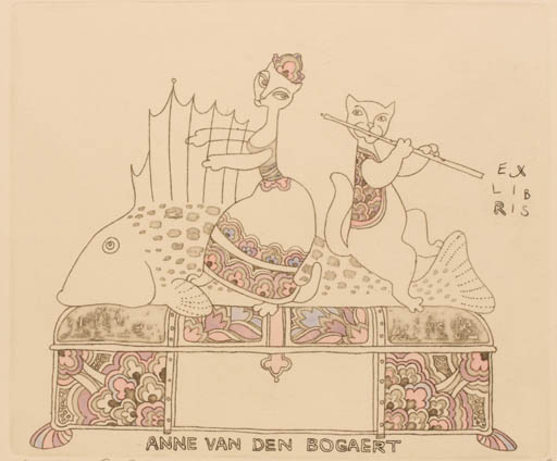 Exlibris by Olga Keleynikova from Russia for Anne van den Bogaert - Fish Cat Music Ornament 