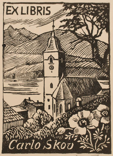 Exlibris by Edmund Peter from Denmark for Carlo Skov - Flower City Church Scenery/Landscape Tree 