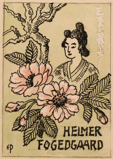 Exlibris by Edmund Peter from Denmark for Helmer Fogedgaard - Flower Flora Woman 