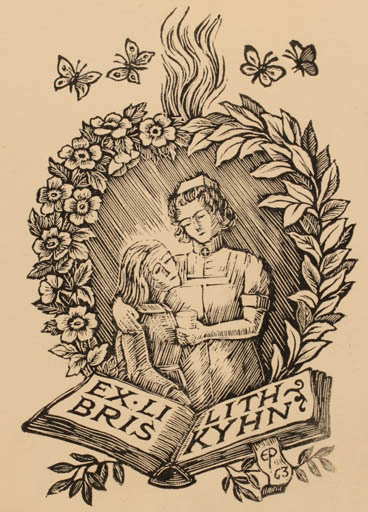 Exlibris by Edmund Peter from Denmark for Lith Kyhn - Child Flower Book Flora Woman Butterfly 