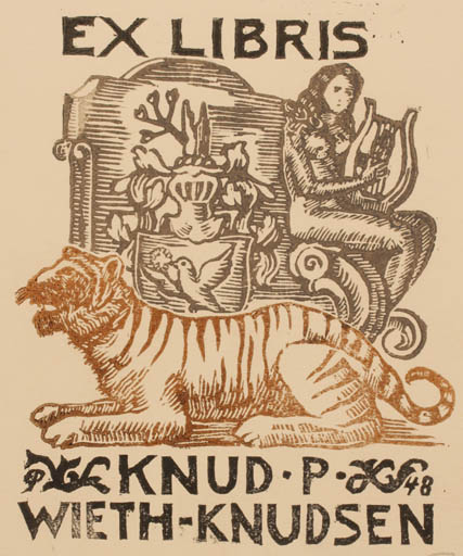 Exlibris by Edmund Peter from Denmark for Knud P. Wieth-Knudsen - Fauna Heraldry Woman Music Nude 