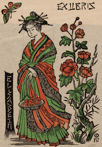 Exlibris by Edmund Peter from Denmark for ? Elisabeth - Flower Flora Woman Butterfly 