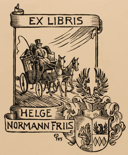 Exlibris by Edmund Peter from Denmark for Helge Normann Friis - Heraldry Horse Man 