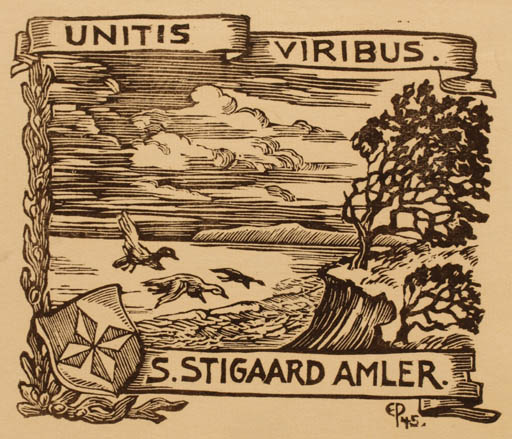 Exlibris by Edmund Peter from Denmark for S. Stigaard Amler - Fauna Heraldry Scenery/Landscape Maritime Tree 