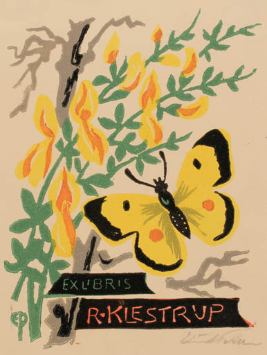 Exlibris by Edmund Peter from Denmark for R. Klestrup - Flower Butterfly Tree 