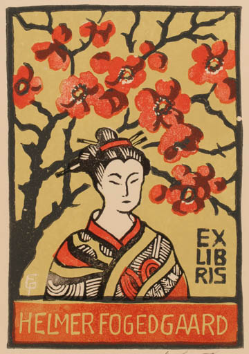 Exlibris by Edmund Peter from Denmark for Helmer Fogedgaard - Flower Woman Oriental Tree 