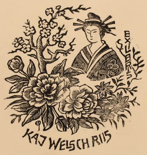 Exlibris by Edmund Peter from Denmark for Kaj Welsch Riis - Flower Flora Woman Oriental Tree 