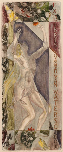 Exlibris by Antanas Kmieliauskas from Lithuania for Agaath Van Waterschoot - Adam and Eve Flower Fauna Fruit Woman Nude Religion 