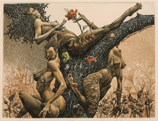 Exlibris by Julian Jordanov from Bulgaria for ? Agaath & Jos Van Waterschoot - Flower Flora Group Woman Nude Tree 